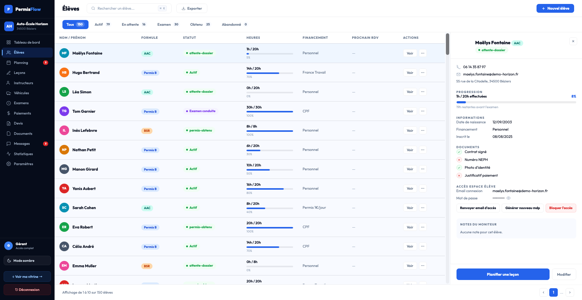 Gestion des eleves PermisFlow