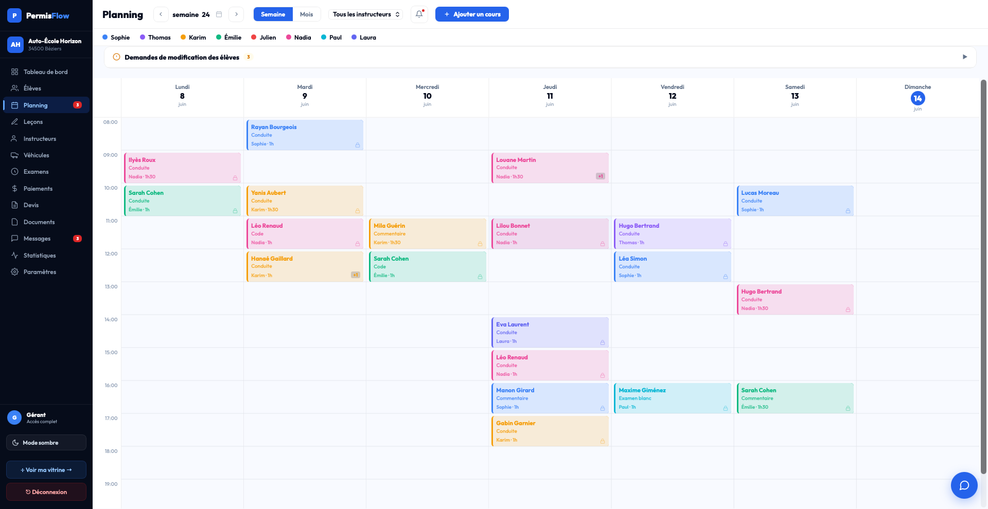Planning hebdomadaire PermisFlow