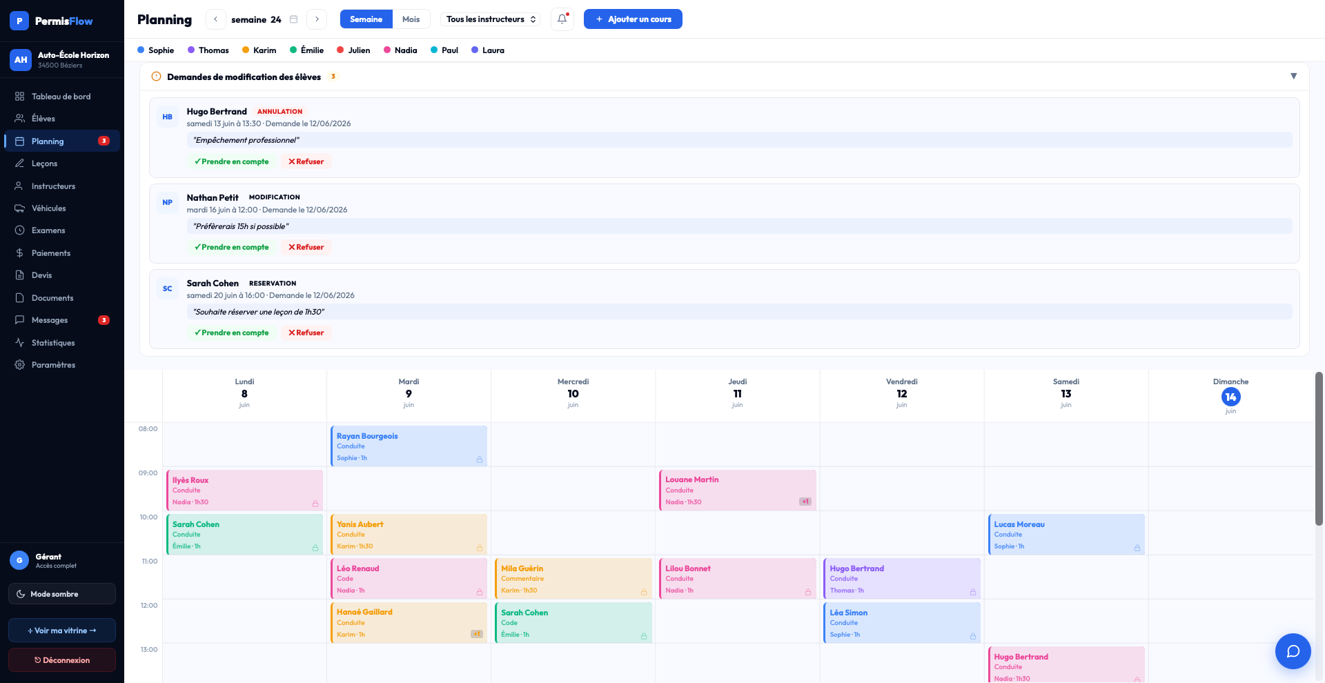 Planning et demandes des eleves PermisFlow